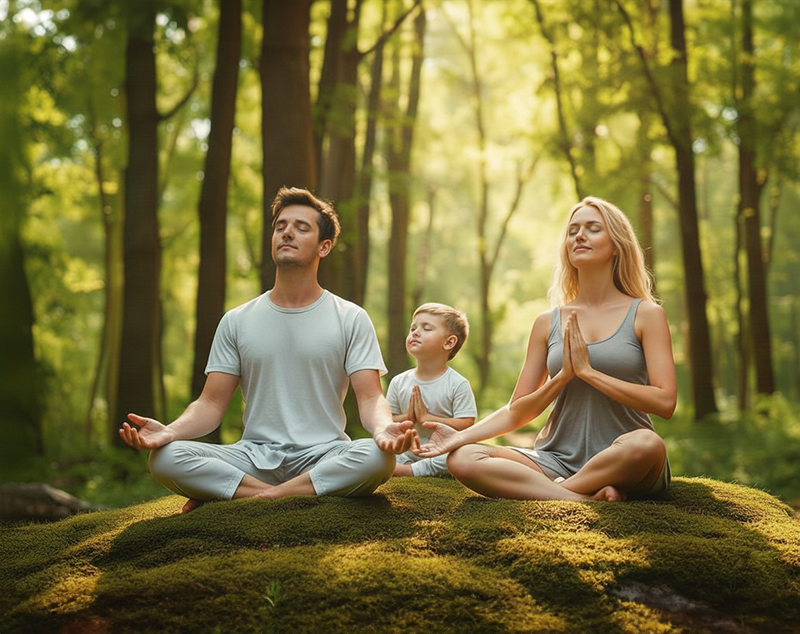 Família meditando na floresta